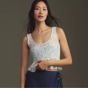 Maeve White Lace Overlay Peplum Top Size Large Blue Stripped details Cottagecore